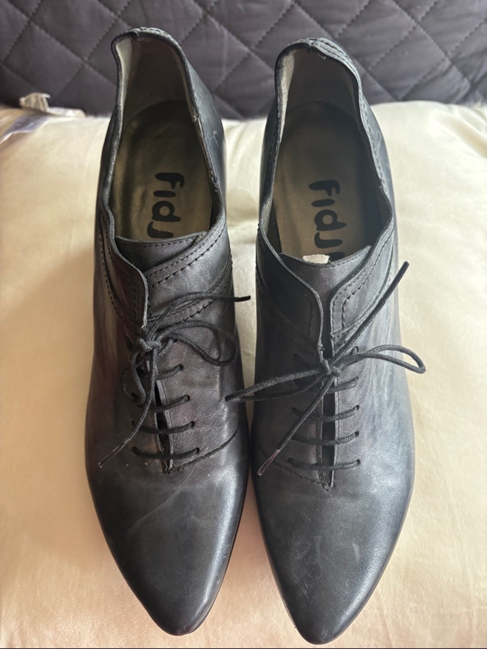 Fidji Black leather  Pointed Lace-Up casual career Ankle Shoes shooties Sz 41